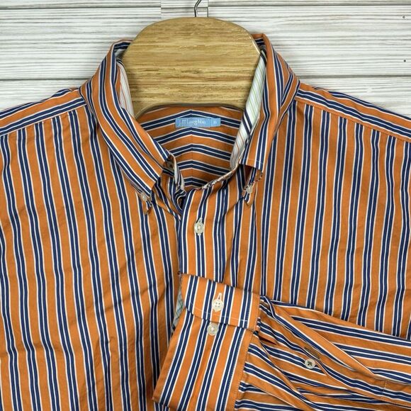 J Mclaughlin Men's Button Down Navy Orange Striped Cotton Long‎ Sleeve Sz XL - Picture 1 of 9